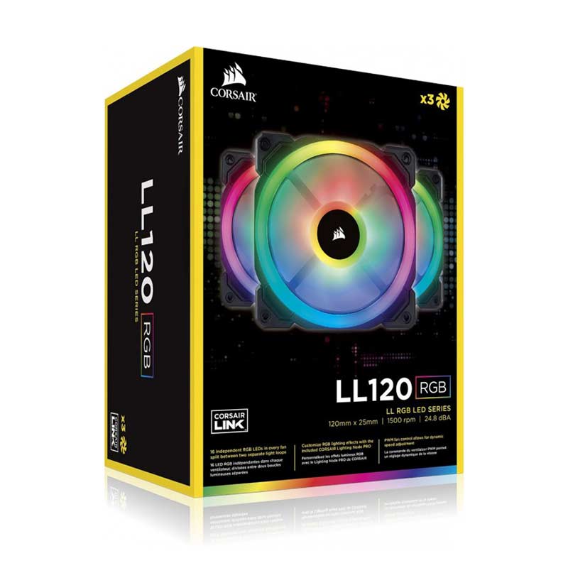 CORSAIR LL120 RGB 120MM DUAL LIGHT LOOP RGB LED PWM FAN 3 FAN PACK WITH LIGHTING NODE PRO CABINET FAN