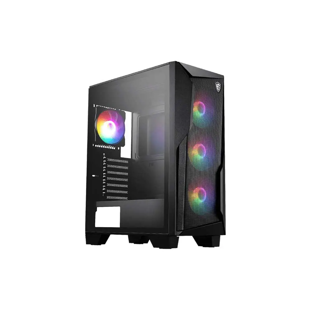 Msi-mag-forge-130a-airflow-mid-tower-atx-cabinet-1 Black mid-tower pc case with a transparent side panel showing an rgb-lit rear fan and interior drive bays, angled view.