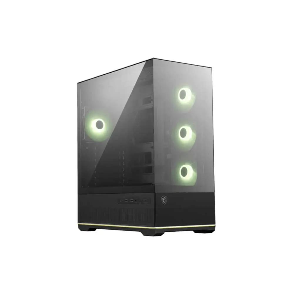 Msi-mag-pano-110r-pz-mid-tower-atx-cabinet-black-1 Glass-sided gaming pc case with three green-lit fans visible through the panel