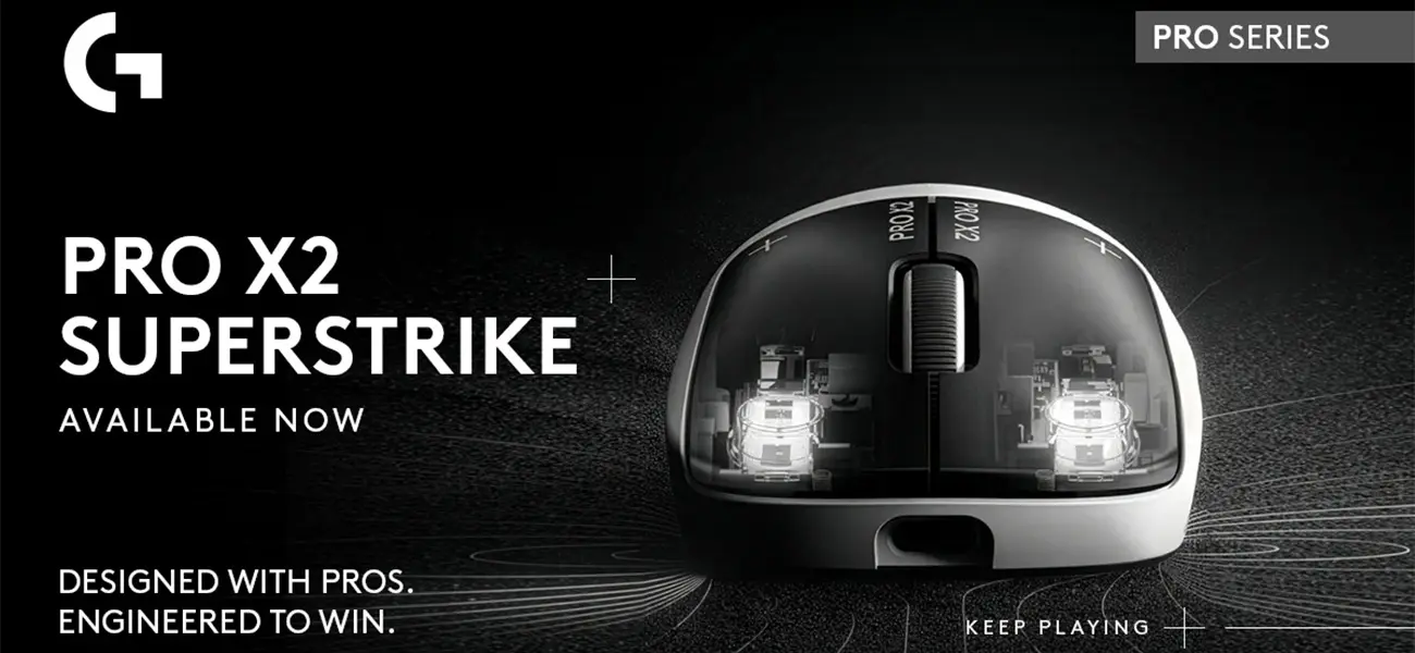 Advertising banner for pro x2 superstrike gaming mouse; transparent shell reveals internal components, with 'pro series' badge in top-right and 'available now' text on the left.