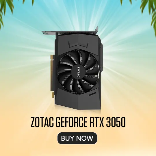 ZOTAC GeForce RTX 3050 graphics card centered on a colorful gradient background with a Buy Now button below.