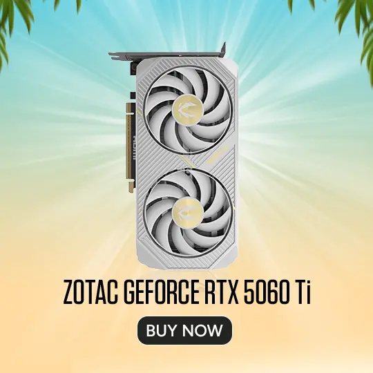 Product image of a Zotac RTX 5060 Ti graphics card with dual fans on a tropical gradient background and a Buy Now button.