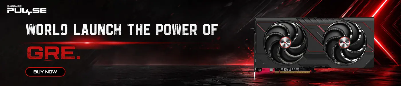Banner announcing the Sapphire Pulse World Launch the Power of GRE, with a dual‑fan graphics card on the right and a Buy Now button on the left.