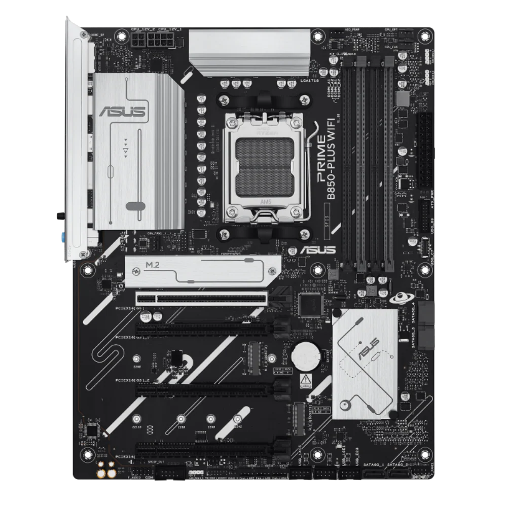 Asus prime b850 plus wifi csm amd motherboard prime b850-plus wifi-csm -02 Asus prime b550-plus wifi motherboard with cpu socket, ram slots, pcie slots, and metal heatsinks