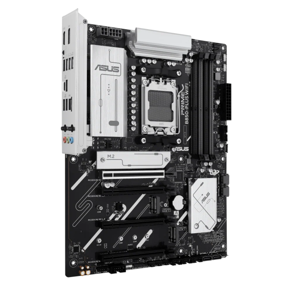 Asus prime b850 plus wifi csm amd motherboard prime b850-plus wifi-csm -03 Asus prime motherboard with lga socket, ram slots, and pcie slots shown from an angled perspective