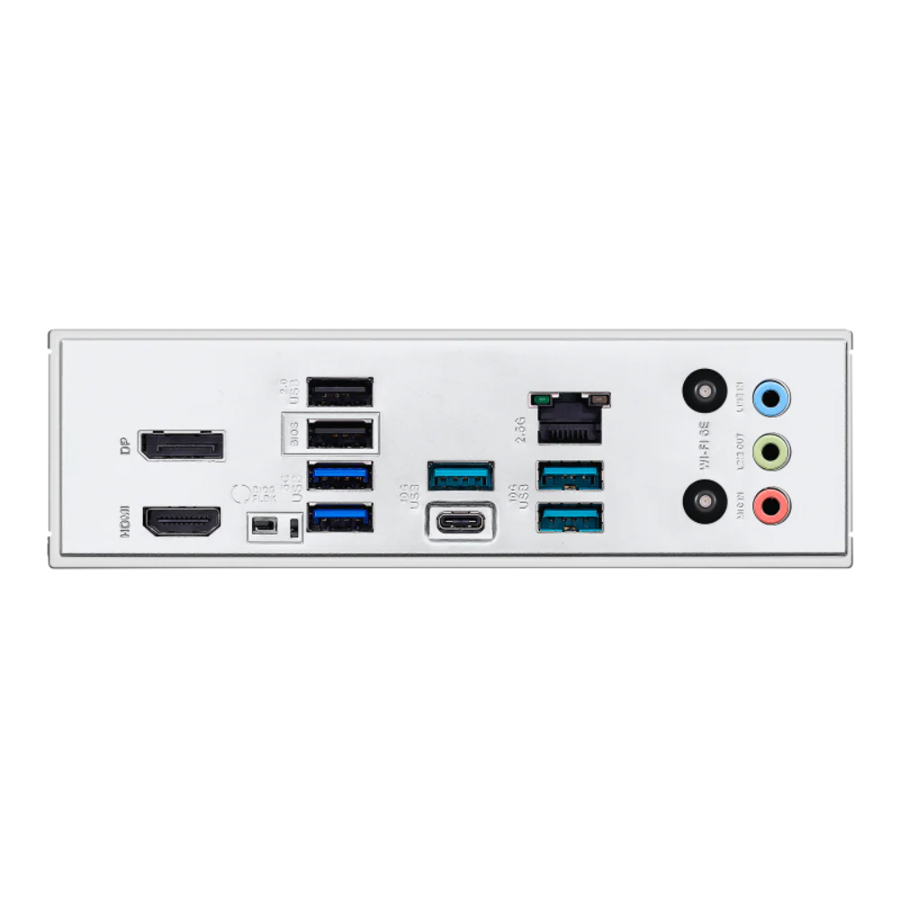Asus prime b850 plus wifi csm amd motherboard prime b850-plus wifi-csm -04 Rear i/o panel with displayport and hdmi outputs, multiple usb ports, ethernet, and color-coded audio jacks.
