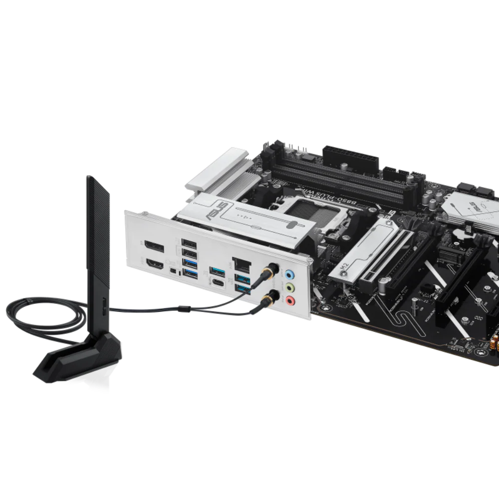 Asus prime b850 plus wifi csm amd motherboard prime b850-plus wifi-csm -05 Motherboard with rear i/o panel and attached wireless antenna. Usb, ethernet, and audio ports visible at the panel edge.