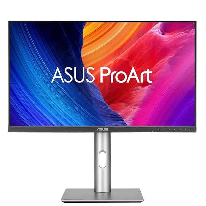 Asus-proart-display-pa278qgv-gen2-27-inch-ips-qhd-professional-monitor-2 Asus proart monitor on a silver pedestal stand with a colorful screen display.