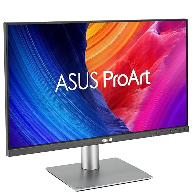 Asus-proart-display-pa278qgv-gen2-27-inch-ips-qhd-professional-monitor-3 Asus proart computer monitor on a silver pedestal stand with a colorful display borderless design.