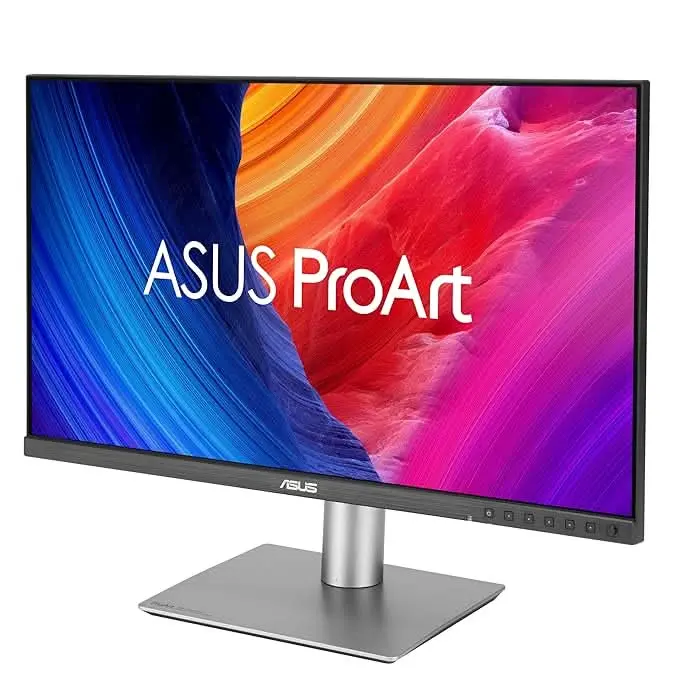Asus-proart-display-pa278qgv-gen2-27-inch-ips-qhd-professional-monitor-4 Asus proart computer monitor on a silver stand with a colorful display.