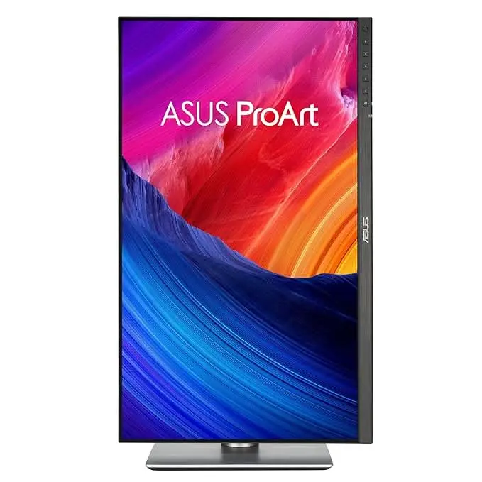 Asus-proart-display-pa278qgv-gen2-27-inch-ips-qhd-professional-monitor-5 Asus proart monitor with slim bezel on a silver stand, displaying a vibrant color gradient on screen