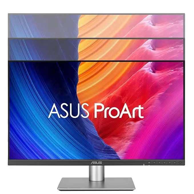 Asus-proart-display-pa278qgv-gen2-27-inch-ips-qhd-professional-monitor-6 Front view of an asus proart monitor on a silver stand displaying a vibrant rainbow wallpaper.