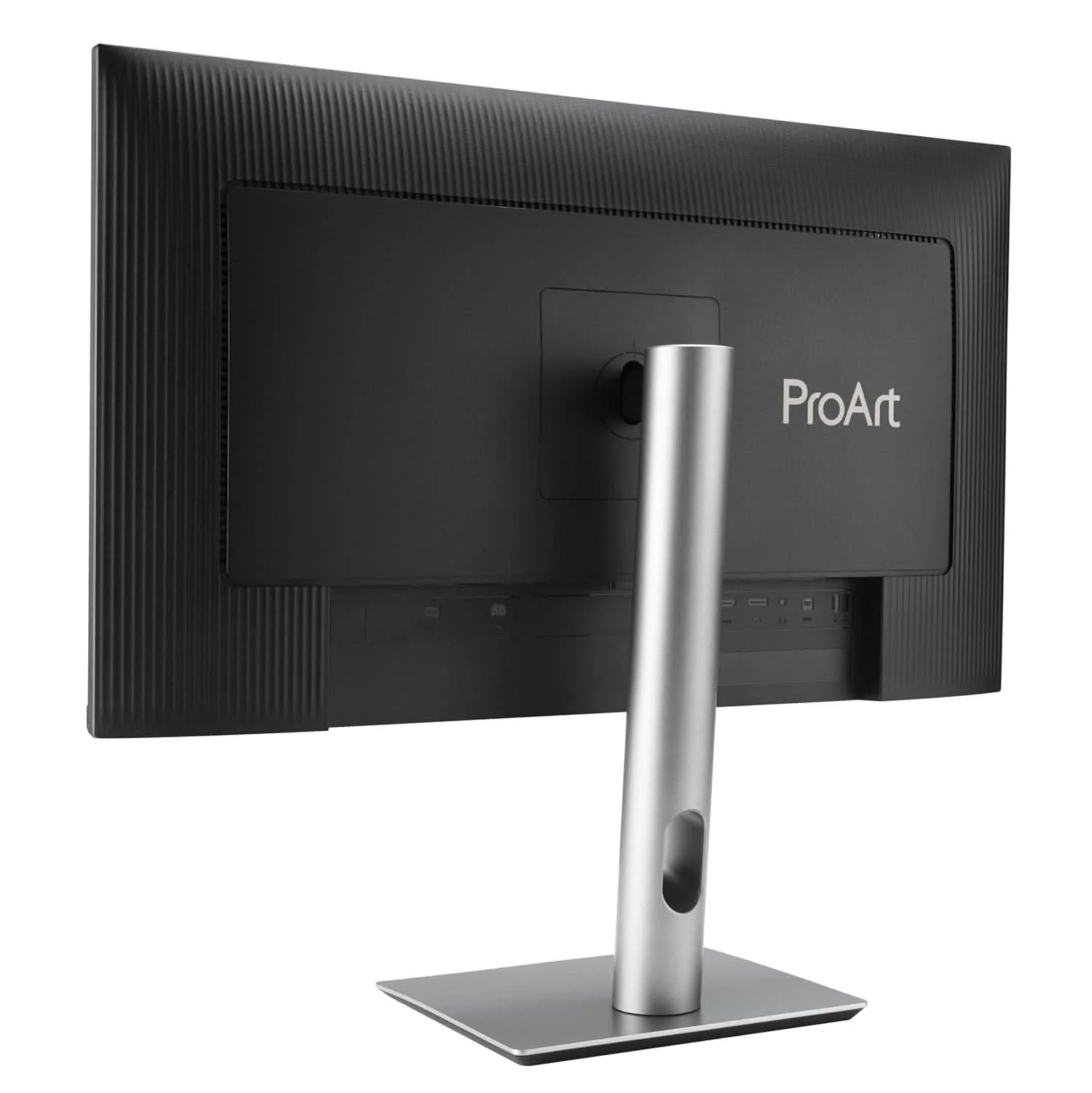 Asus-proart-display-pa278qgv-gen2-27-inch-ips-qhd-professional-monitor-7 Rear view of a proart monitor mounted on a silver metal stand, showing the back panel and cylindrical support.