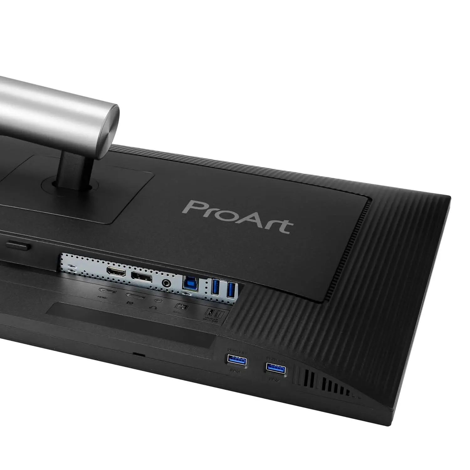 Asus-proart-display-pa278qgv-gen2-27-inch-ips-qhd-professional-monitor-8 Rear view of a proart monitor showing i/o ports: hdmi, displayport, usb 3. 0 sockets and audio jack near the base panel.