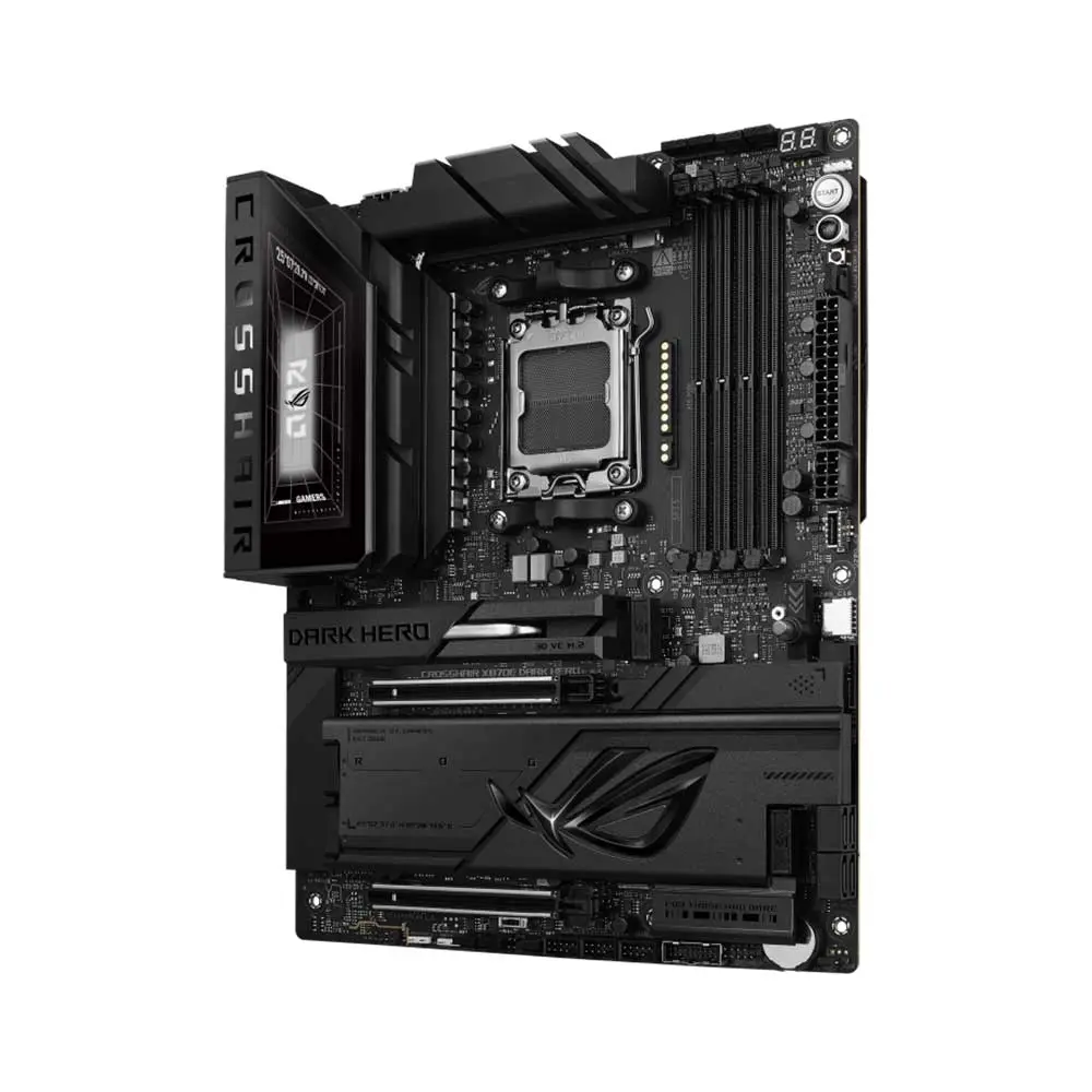 Asus-rog-crosshair-x870e-dark-hero-am5-atx-motherboard-2 High-end black atx motherboard with cpu socket, four dimm slots, pcie x16 slots, and large heatsinks for a gaming build