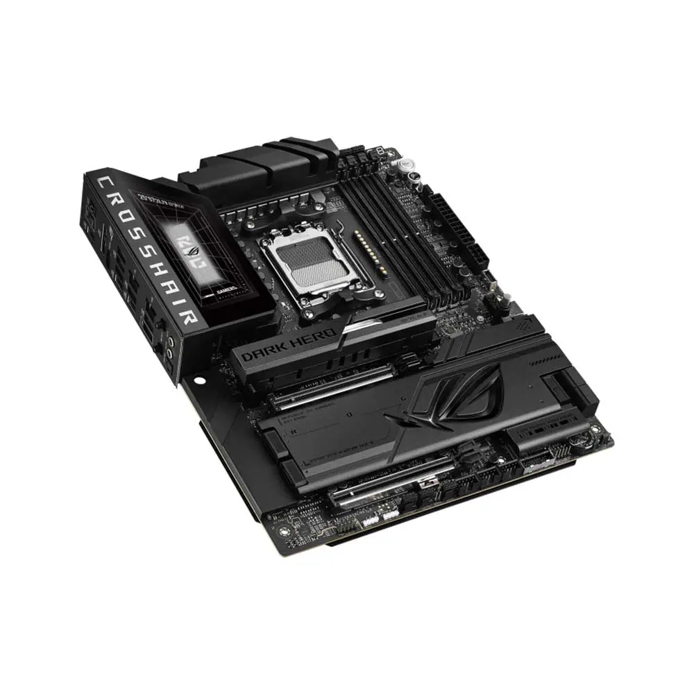 Asus-rog-crosshair-x870e-dark-hero-am5-atx-motherboard-3 Black gaming motherboard with cpu socket, four dimm slots, pcie slot, and dual heatsinks viewed from above