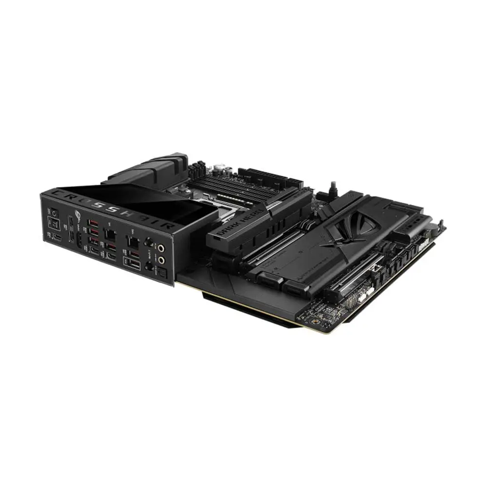 Asus-rog-crosshair-x870e-dark-hero-am5-atx-motherboard-4 Black computer motherboard with rear i/o panel showing usb ports and audio jacks, and multiple pcie slots visible