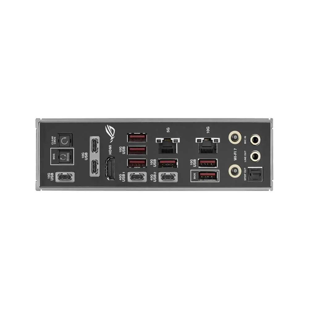 Asus-rog-crosshair-x870e-dark-hero-am5-atx-motherboard-5 Rear i/o panel of a computer motherboard showing multiple usb 3. 0 ports, hdmi, usb-c, ethernet, and audio jacks on a gray metal shield.