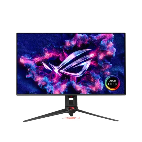 Asus-rog-swift-pg32ucdm-32-inch-qd-oled-gen3-gaming-monitor-1 Asus oled gaming monitor on a tripod-style stand with a colorful purple-pink wallpaper on screen