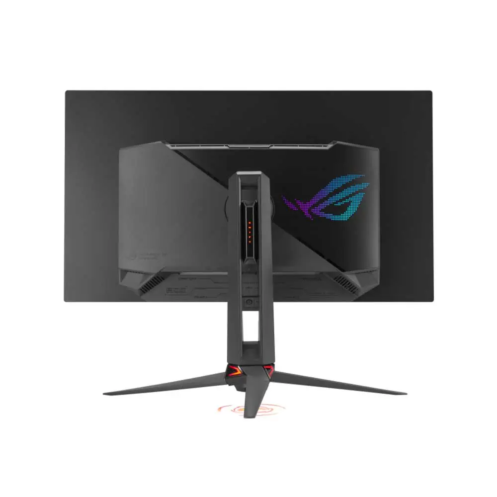 Asus-rog-swift-pg32ucdm-32-inch-qd-oled-gen3-gaming-monitor-2 Back view of a large gaming monitor on a unique angular stand with a glowing rgb logo on the screen facing away from the viewer