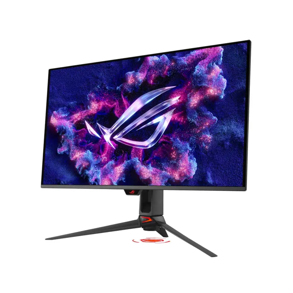 Asus-rog-swift-pg32ucdm-32-inch-qd-oled-gen3-gaming-monitor-3 Gaming monitor on a sturdy stand showing a vivid purple-blue abstract wallpaper with a red logo on the stand base.