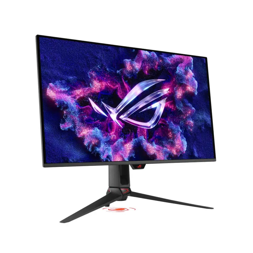 Asus-rog-swift-pg32ucdm-32-inch-qd-oled-gen3-gaming-monitor-4 Curved gaming monitor on a stand displaying a vibrant purple-pink wallpaper with an rog logo on the base