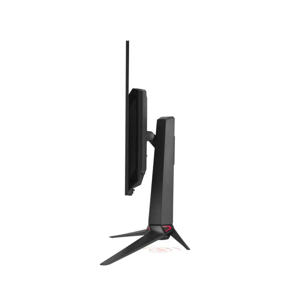 Asus-rog-swift-pg32ucdm-32-inch-qd-oled-gen3-gaming-monitor-5 Side view of a black gaming monitor mounted on a tall, angular stand with three-pronged legs on a white background