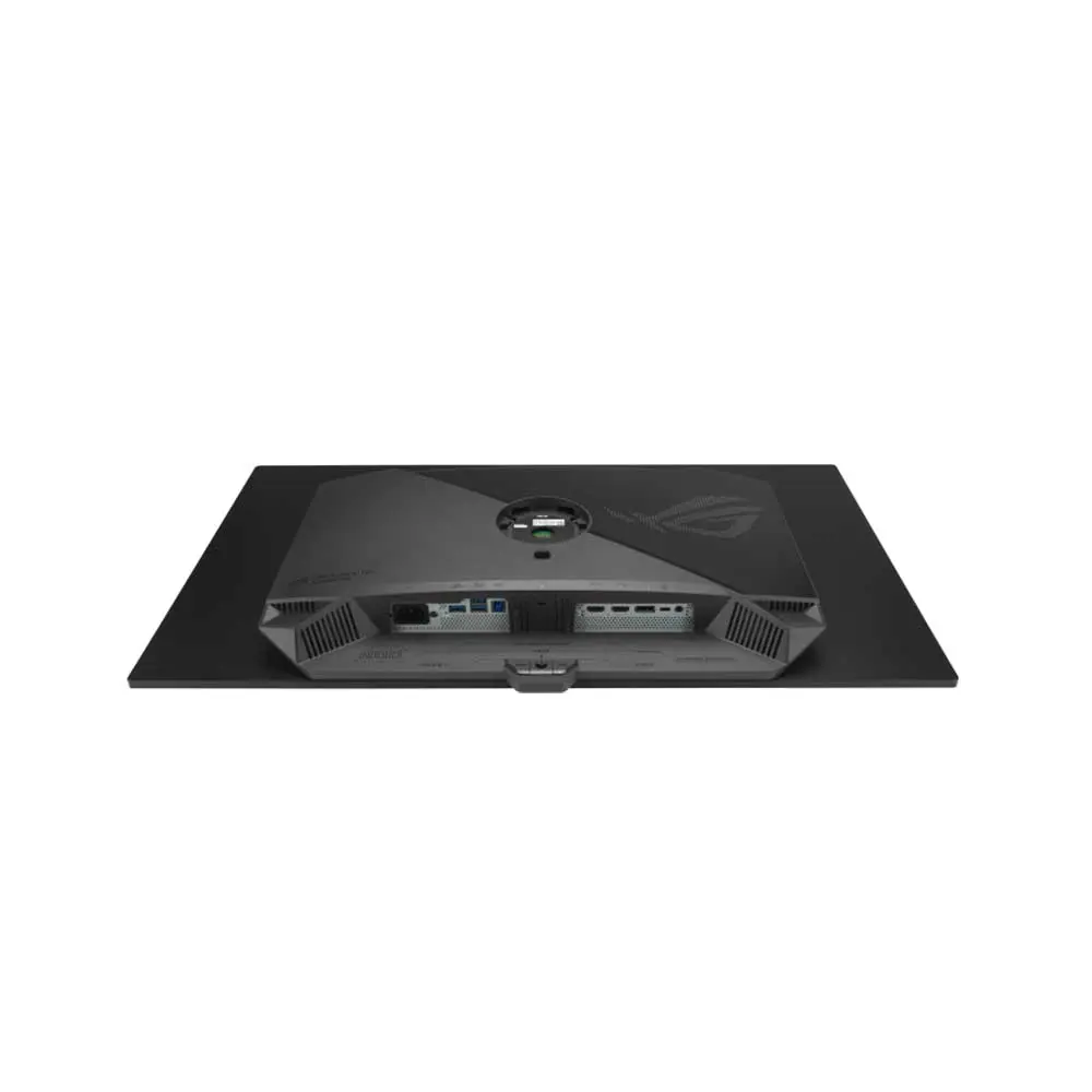 Asus-rog-swift-pg32ucdm-32-inch-qd-oled-gen3-gaming-monitor-6 Rear view of a black monitor displaying its ports: usb, ethernet, and power connections.
