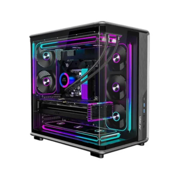 Ant-esports-crystal-x8-arc-gaming-cabinet-black-1 Glass-side pc case with rgb-lit interior, multiple fans and visible components from a gaming setup.