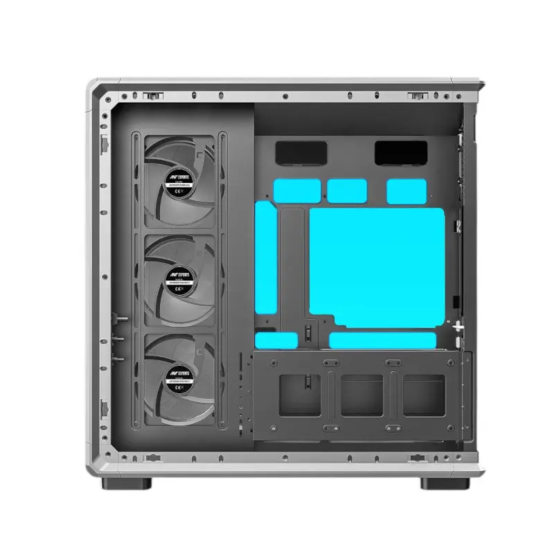 Ant-esports-crystal-x8-arc-gaming-cabinet-black-4 Mid-tower pc case with three front-mounted fans visible, side panel removed to reveal internal layout and blue accent panels