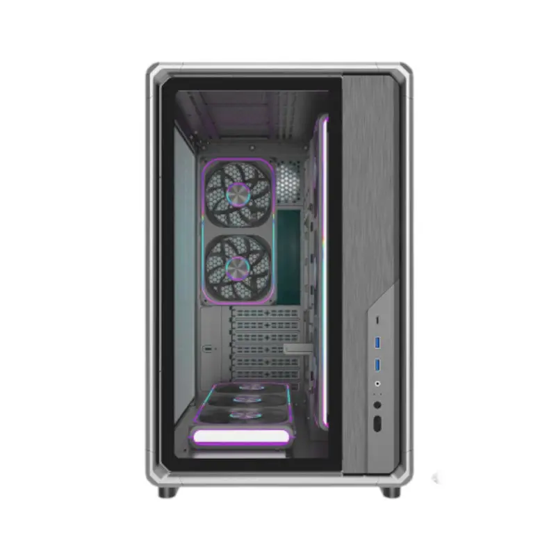 Ant-esports-crystal-x8-frame-gaming-cabinet-black-2 Mid-tower pc case with a transparent side panel, showing rgb-lit cooling fans inside in purple hues.