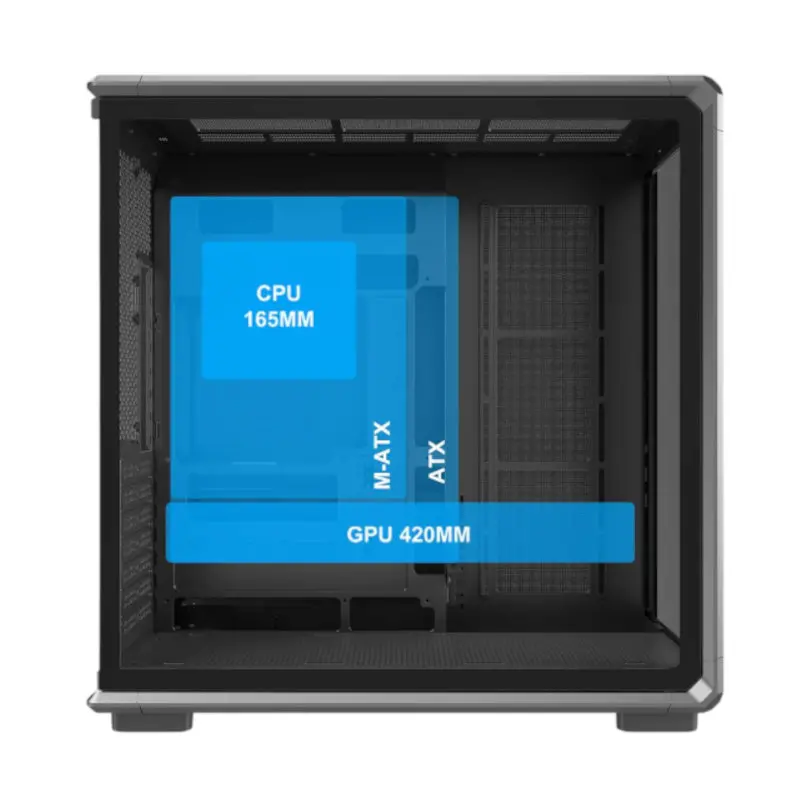 Ant-esports-crystal-x8-frame-gaming-cabinet-black-3 Interior of a pc case showing blue measurement overlays: cpu clearance 165 mm, motherboard sizes matx/atx, gpu length up to 420 mm.