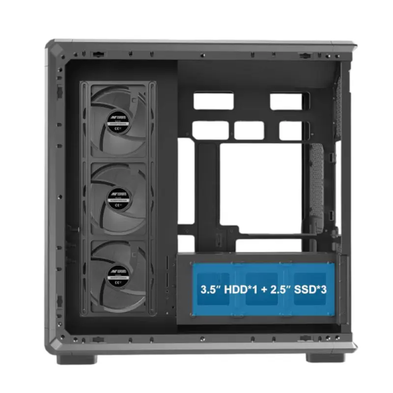 Ant-esports-crystal-x8-frame-gaming-cabinet-black-4 Inside a pc chassis with one 3. 5-inch drive bay and three 2. 5-inch drive bays, and three cooling fans along the left side.