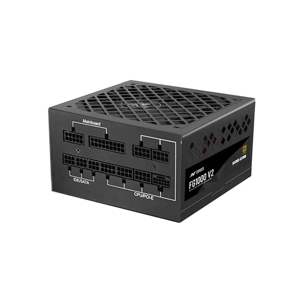 Ant-esports-fg1000-v2-80-plus-gold-certified-fully-modular-black-power-supply-2 Atx computer power supply with multiple motherboard and peripheral connectors labeled mainboard, ide/sata, and cpu/pcie top view