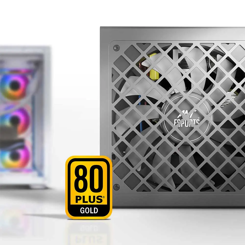 Ant-esports-fg1000-v2-80-plus-gold-certified-fully-modular-black-power-supply-3 Grey pc power supply unit beside an 80 plus gold certification badge, highlighting energy efficiency