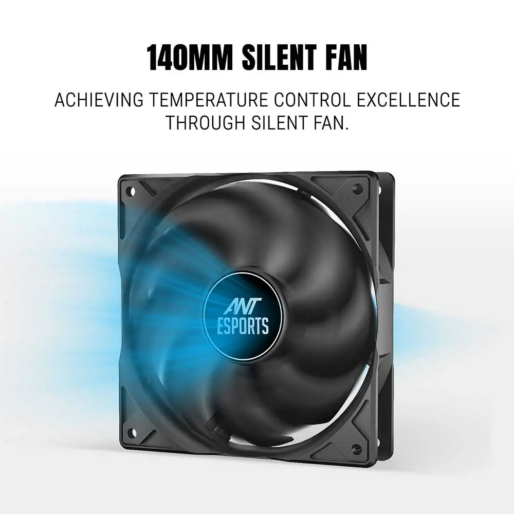Ant-esports-fg1000-v2-80-plus-gold-certified-fully-modular-black-power-supply-4 Text in image: '140mm silent fan' with tagline 'achieving temperature control excellence through silent fan' and a black 140mm pc case fan with blue airflow.