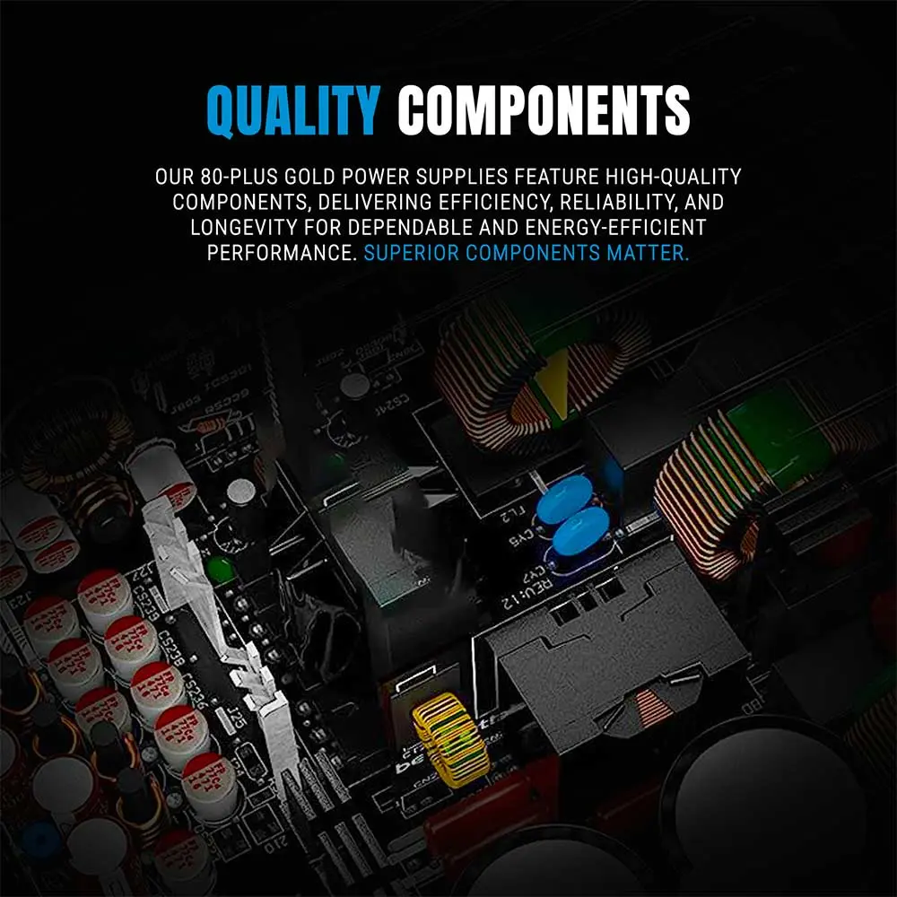 Ant-esports-fg1000-v2-80-plus-gold-certified-fully-modular-black-power-supply-5 Close-up of a computer power supply board with a bold “quality components” headline and descriptive text about high-quality components, efficiency, and reliability.