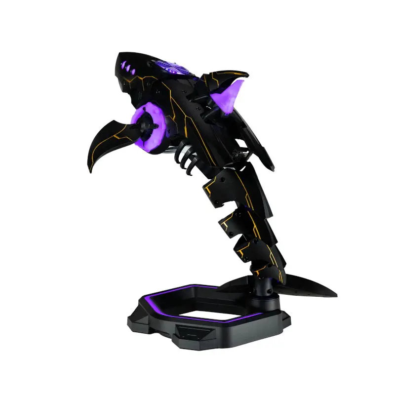 Cooler-Master-SHARK-X-Cabinet-With-PSU-and-CPU-Cooler-Included-Black-3 | PC Studio Black robotic dragon model with purple accents on a display stand, yellow vein-like highlights.