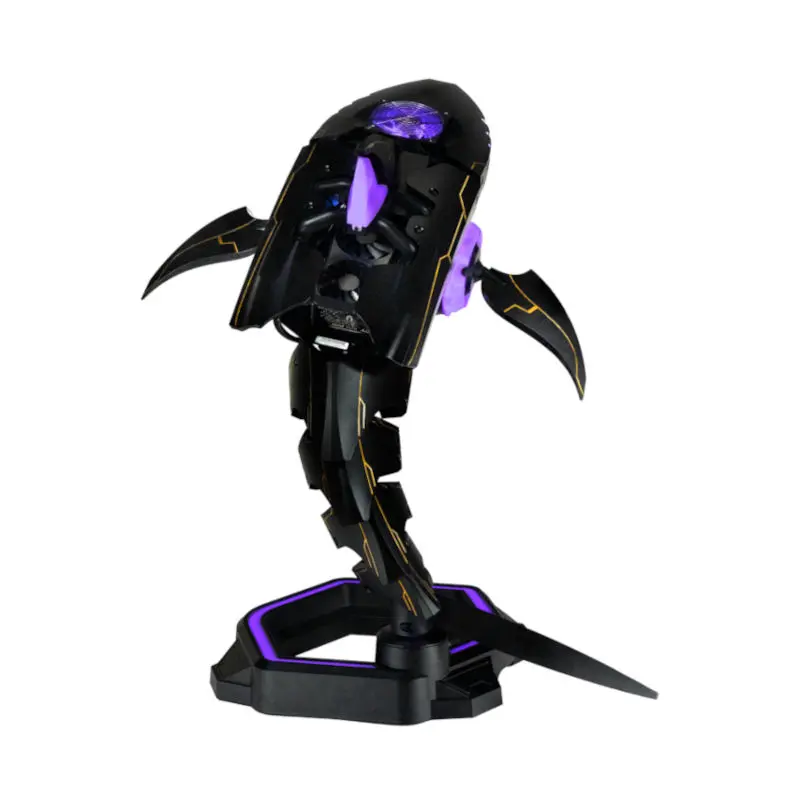 Cooler-Master-SHARK-X-Cabinet-With-PSU-and-CPU-Cooler-Included-Black-4 | PC Studio Black sci-fi robot action figure with purple accents mounted on a display stand.