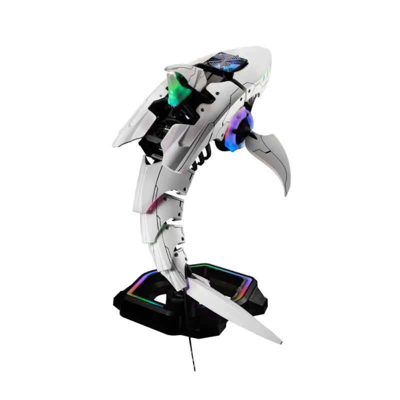 Cooler-Master-SHARK-X-Cabinet-With-PSU-and-CPU-Cooler-Included-White-3 | PC Studio White robotic dragon figure with colored LED lights perched on a black display base.