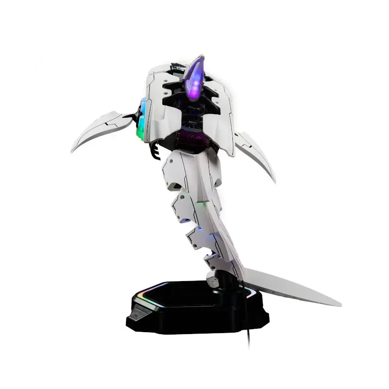 Cooler-Master-SHARK-X-Cabinet-With-PSU-and-CPU-Cooler-Included-White-4 | PC Studio White sci-fi robot model on a black display stand with rainbow LED accents and a long blade-like arm extending from its side