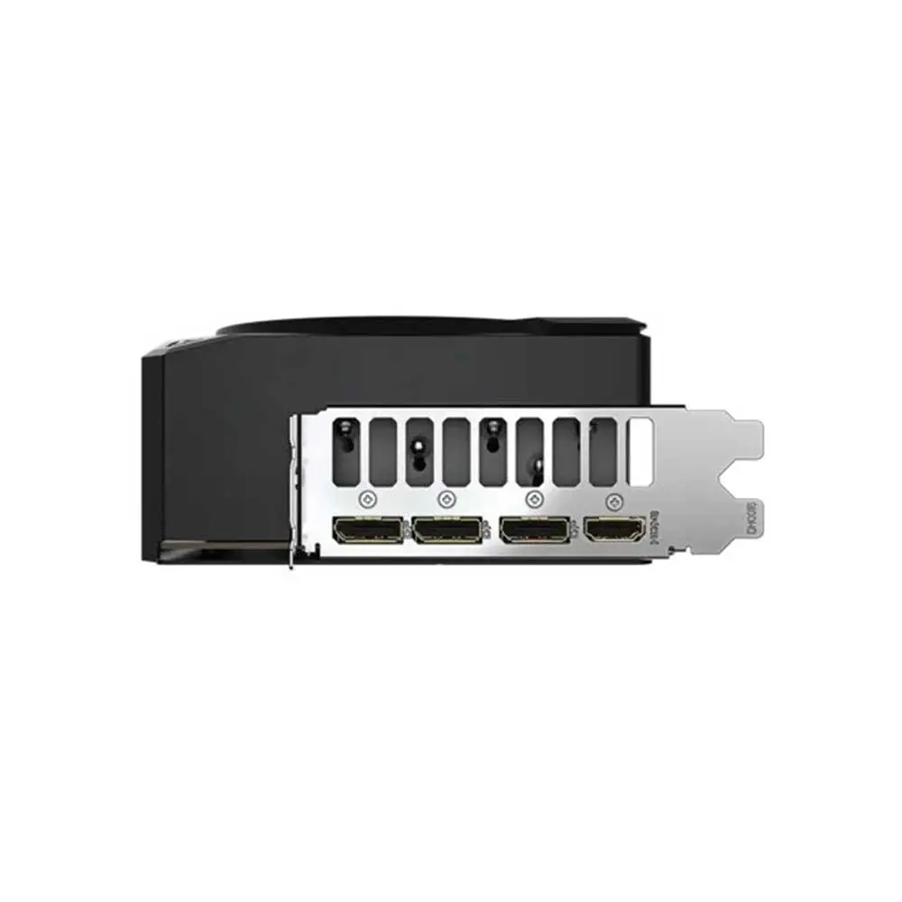 Gigabyte-rtx-5090-windforce-32gb-gddr6-graphics-card-3 Pcie graphics card with a metal i/o bracket showing four displayport outputs and one hdmi port