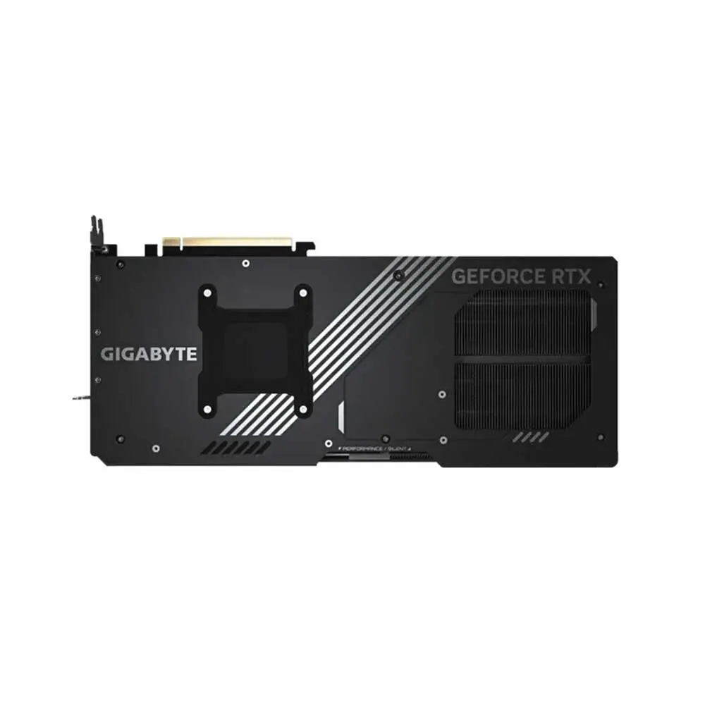 Gigabyte-rtx-5090-windforce-32gb-gddr6-graphics-card-4 Back side of a gigabyte geforce rtx graphics card showing cooling vents and pcie bracket