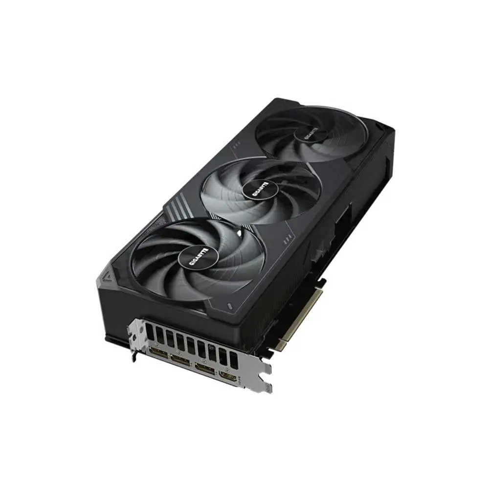 Gigabyte-rtx-5090-windforce-32gb-gddr6-graphics-card-6 Triple-fan gigabyte graphics card with pcie connector, black cooling shroud, shown from an angled side view.