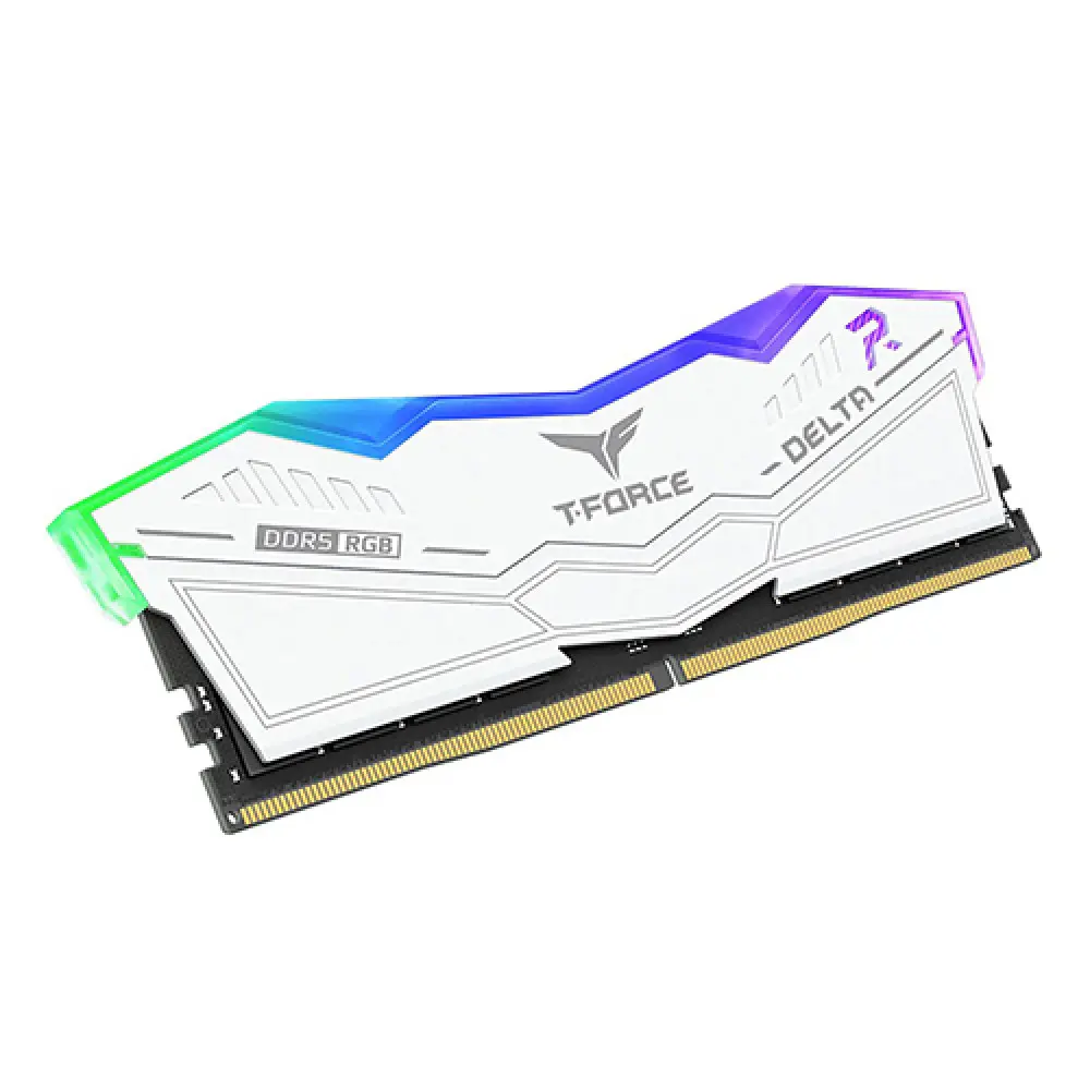 Teamgroup t-force delta rgb 32gb 2x16gb 6000mhz ddr5 white ff4d532g6000hc38jdc01 -02 White rgb ram module (t-force delta) with green/blue/purple lighting accents and gold connector pins.