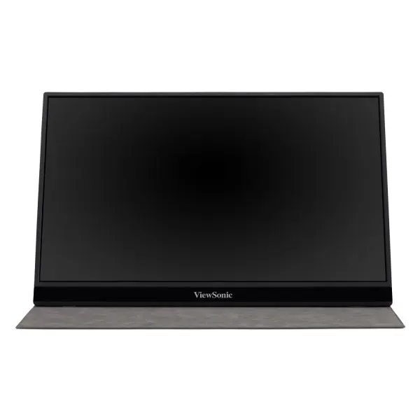 Viewsonic-vg1655-16-inch-touch-screen-portable-monitor-2 Front view of a black viewsonic computer monitor with a slim bezel resting on a gray stand/surface.