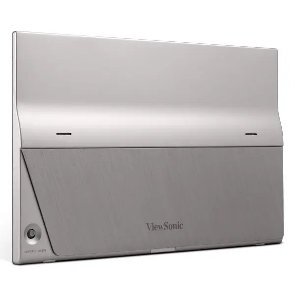 Viewsonic-vg1655-16-inch-touch-screen-portable-monitor-8 Silver viewsonic device with a curved top cover and brushed metal front panel, likely a wall-mounted media player or set-top unit.