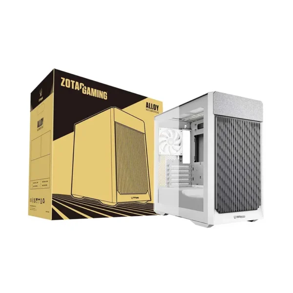 White mid-tower PC case with a large vented front panel, shown beside its yellow and black ZOTAC Gaming Alloy box.