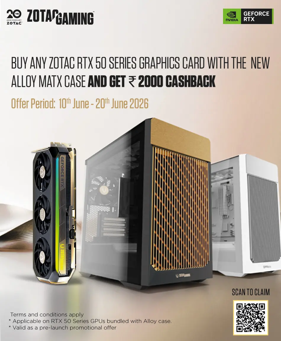 Promo banner: zotac rtx 50 series + alloy matx case = ₹2000 cashback. June 10–20, 2026; shows gpu and pc towers.