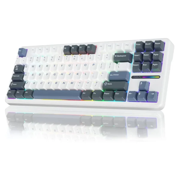 Aula-f87-75-wireless-mechanical-gaming-keyboard-smoke-blue-graywood-switch-f87uw-01 White mechanical gaming keyboard with multi-color rgb lighting on a reflective surface.